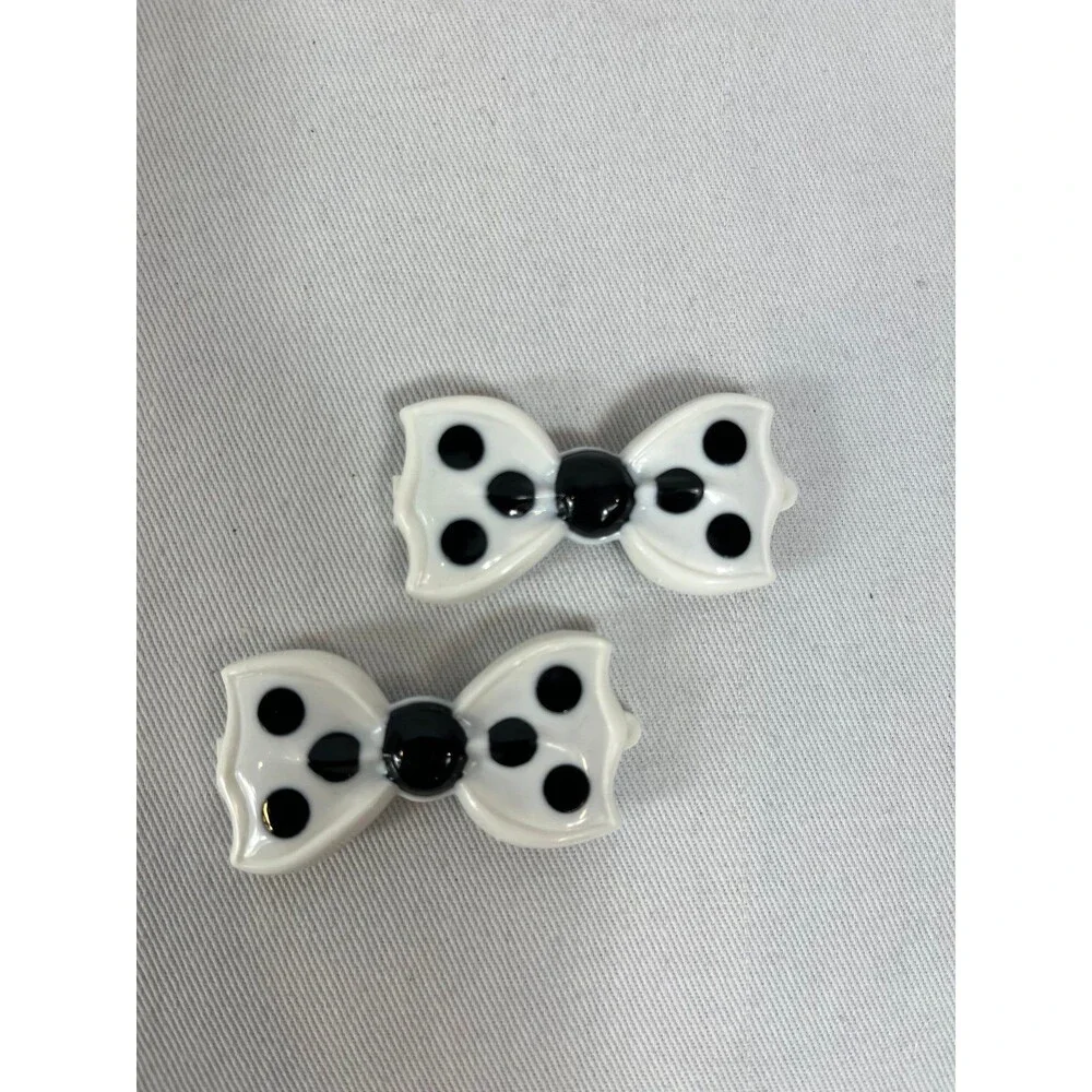 Vintage 1980s Polka Dot Bow Barrettes Black White Retro Rockabilly Clips Pair